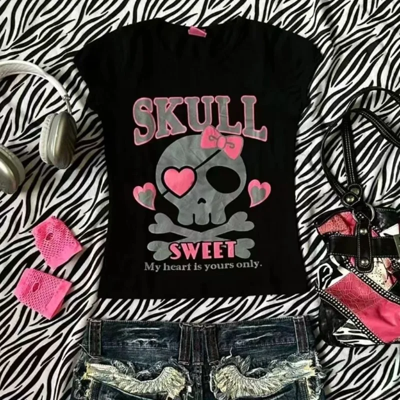 Summer Women New Basic 2024 Tees Sweet Skull Letter Print T-Shirts Balck Short-sleeved Casaul Cool Gothic Grunge Punk Tops