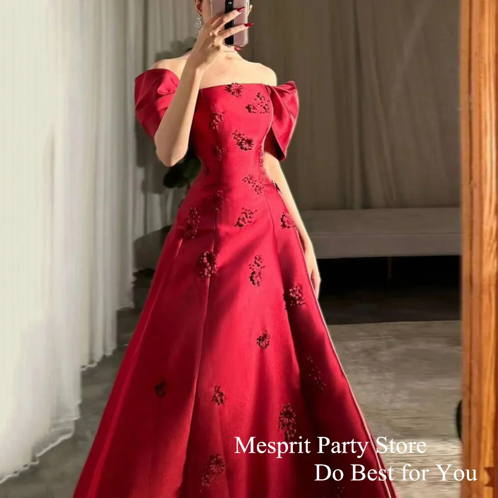 Red Evening Dress Elegant Off The Shoulder 3d Flowers Satin A Line Prom Gown Floor Length Dubai Party Dresses Corset Back