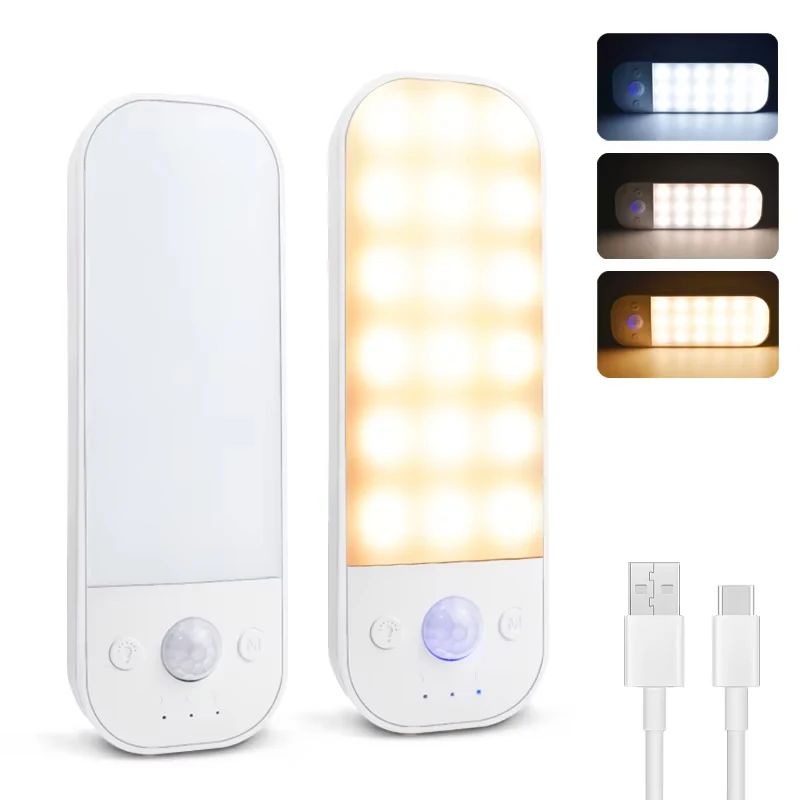 3 Colors Motion Sensor Night Light Rechargeable Wall Lamp Under Cabinet Led Lights for Kitchen Cabinet Bedroom Wardrobe Lighting