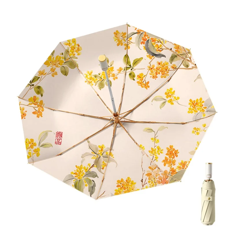 Double-layer automatic gold pole folding sunny umbrella senior sense sunshade umbrella coloured rubber UV protection