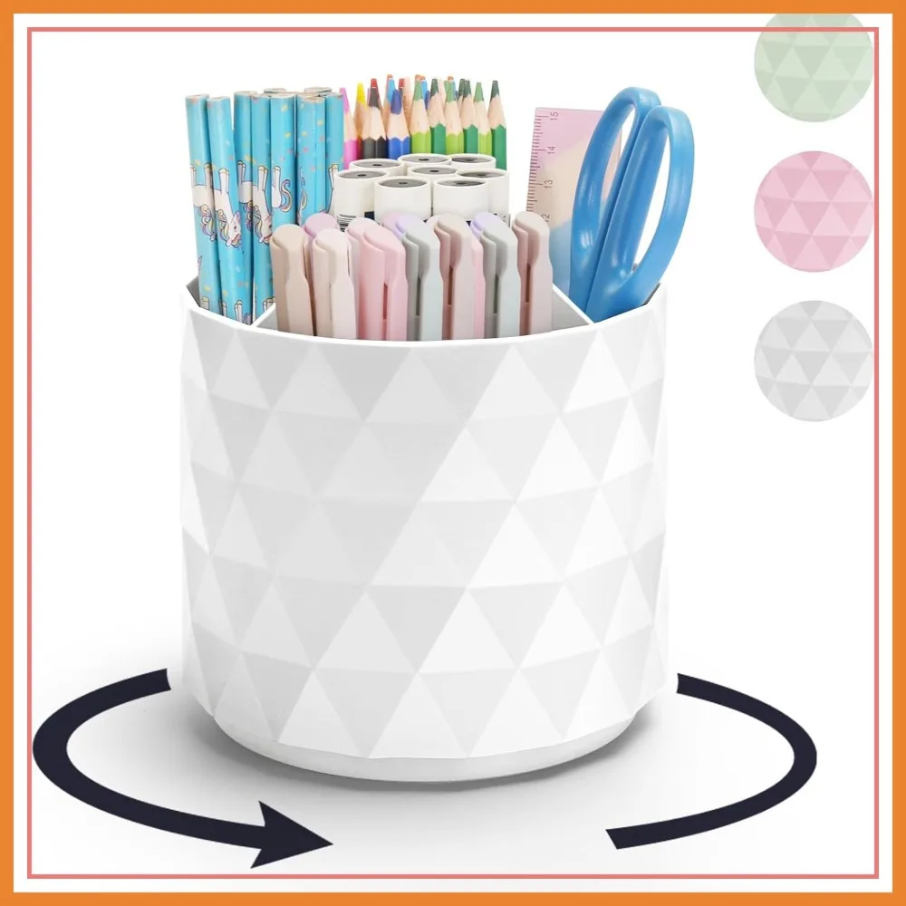 

Minimaliving Desk Organizer: Diamond-like Pen Holder, 360° Rotating, 5 Compartments, White