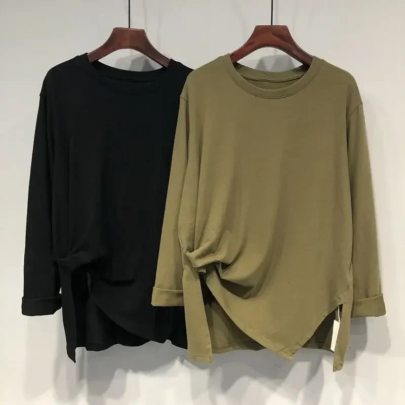 

T-Shirts Women High Street Solid Color Pullovers Pleated Asymmetrical Chic Top Spring Autumn New Round Neck Fashion Long Sleeve