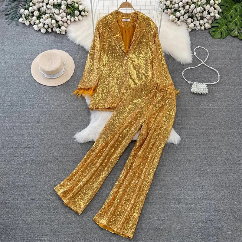 Blazer and Pants Set for Women Sequined Suit Jacket High Waisted Slim Straight Wide Leg Trousers Fashion Outfit Z3896