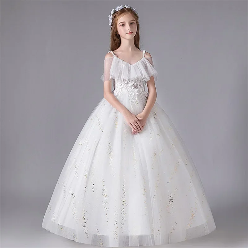 

Teenage Girls Princess Party Dresses for Wedding White Embroidery Birthday Ball Gown Sling Tulle Elegant Children Long Dress