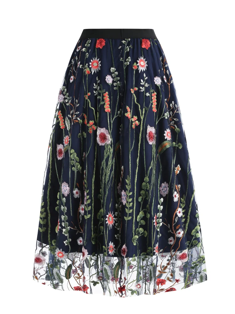 Tonval Floral Embroidered Mesh Overlay Lined Long Skirt Elastic Waist Women Elegant Festival Outfit Summer Vintage Skirts