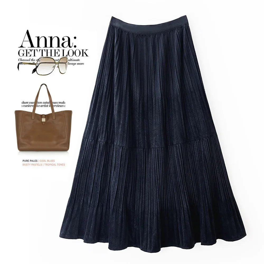 2023 Spring Autumn Winter Women's Pleated Skirt High Waist Solid Color Velvet Half Length Skirt Office Lady Fashion Long Skirts