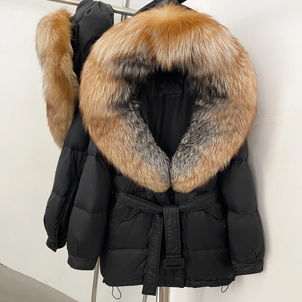 Giacca in pelliccia di volpe Donna Piumino invernale Collo in pelliccia grande con cappuccio 2025 Vera pelliccia Spessore caldo piumino d'anatra Cappotto femminile Parka Outwear