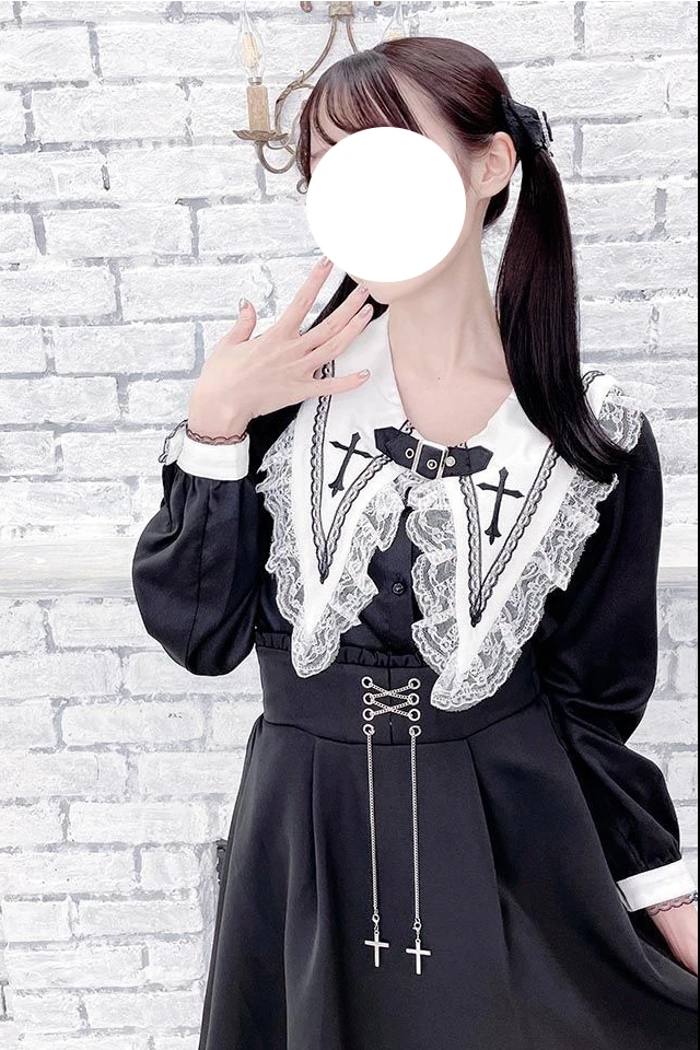 Coalfell Gothic Style Blouse Halloween Lolita Interior Landmine Shirt New Cross Long Sleeved Navy Collar Lace Shirt