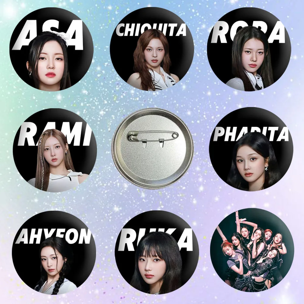 KPOP Babymonster Name Photo Print Tinplate Badge Pins Ahyeon Asa Ruka Chiquita Brooches Bag Clothes Accessories Fans Collection