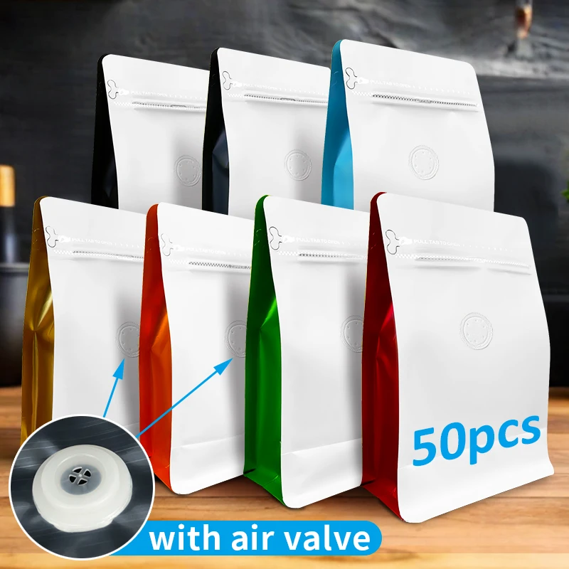 50pcs Wholesale Aluminum Foil Side Color Coffee Bag with Valve and Zipper Plastic Packaging Flat Bottom Pouch for Food Storage