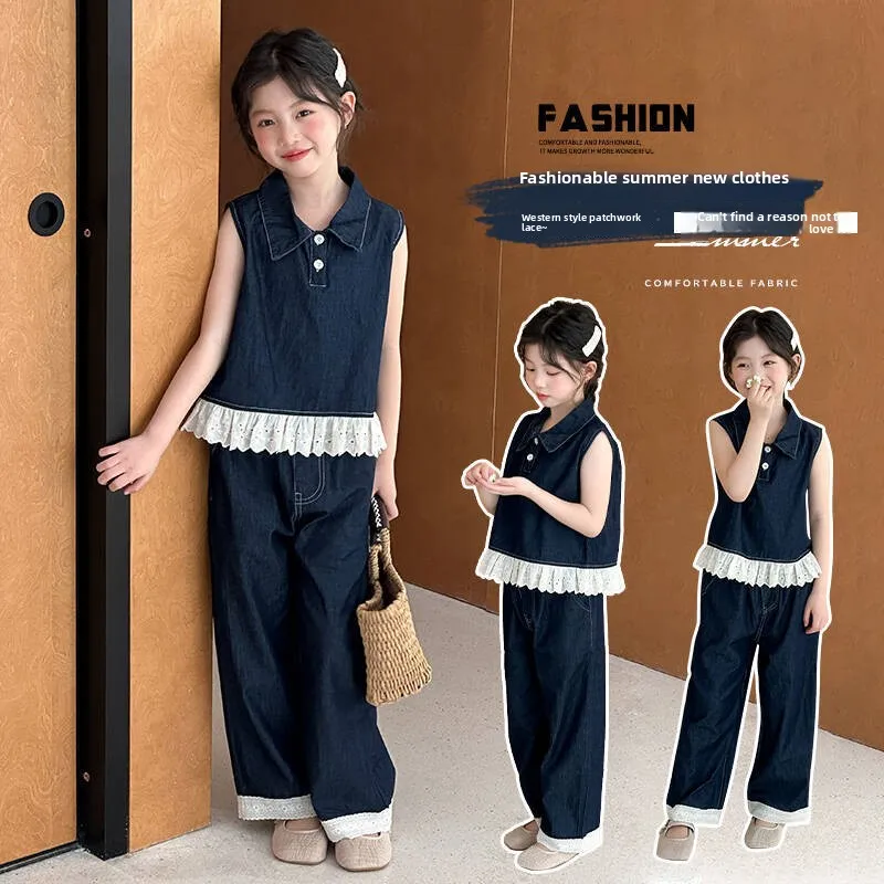 

Летний костюм для девочек, новинка 2023 года, зарубежные модные корейские джинсы для больших девочек, тонкие джинсы без рукавов из двух частей