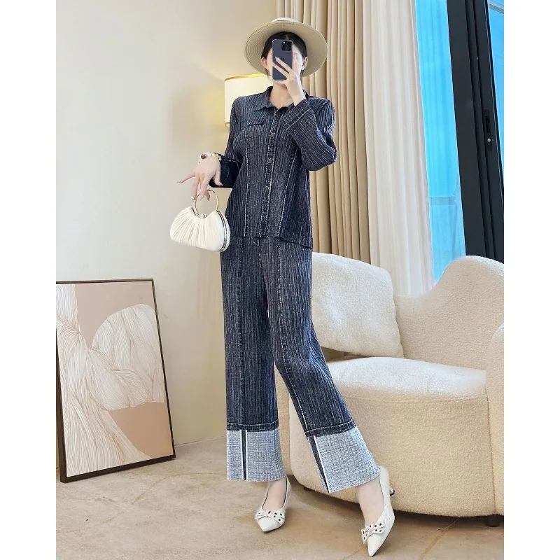 Miyake Wrinkled Denim Color Pants Suit Fashion Personality Slim Shirt + Printed Straight Pants 2025 Autumn New Women Clothing