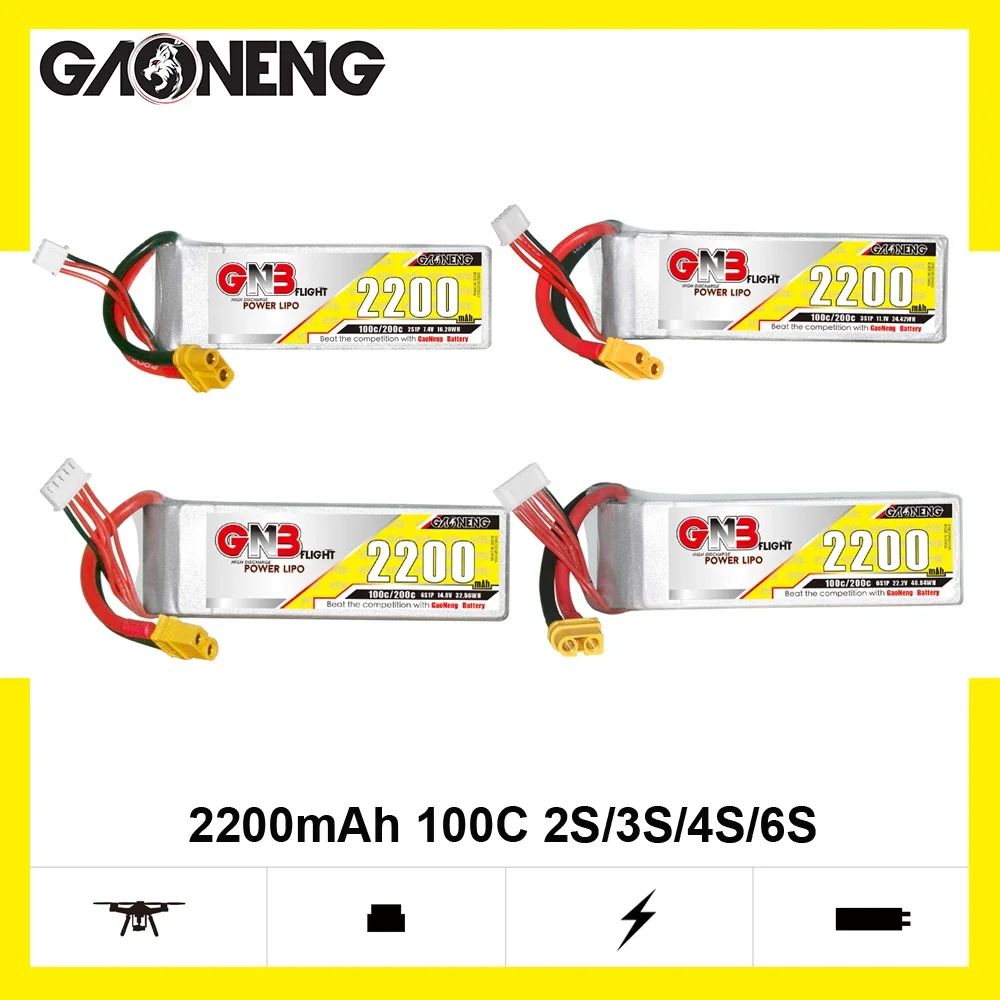 GAONENG 2200mAh 100C 2S/3S/4S/6S 7.4V/11.1V/14.8V/22.2V bateria Lipo ze złączem XT60 dla helikopter RC części dron FPV