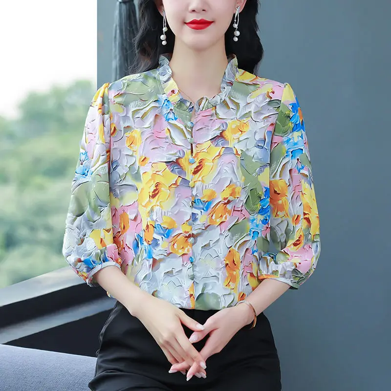 Women\'s 2024 Summer New Pullover O-Neck Patchwork Button Printing Fashion Slim Minimalist Casual 3/4 Sleeve Blouses Shirts