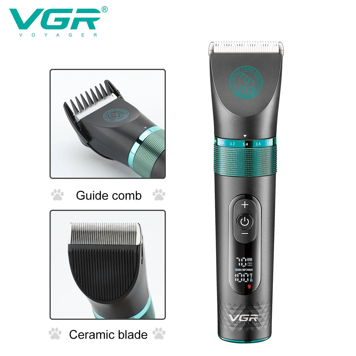 VGRプロフェッショナル犬用バリカン 電動ペットヘアトリマー 家庭用金属製ペットヘアトリマー LEDデジタル猫と犬の毛トリマー V-209