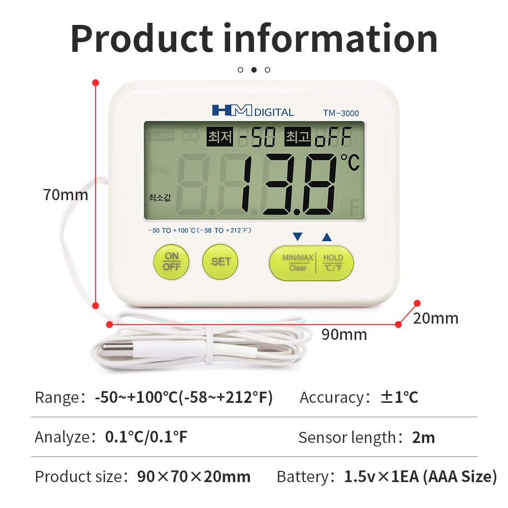 Penguji Suhu Termometer Digital LCD -50 hingga 100 ℃   Pengukur Suhu dengan Probe Eksternal Alarm Overtemperatura Bagian Belakang Magnetik Kuat