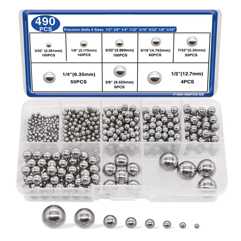 490Pcs Imperial Carbon Steel Bearing Balls Assortment Kit, Steel Ball Bearings Spherical Beads Box Set