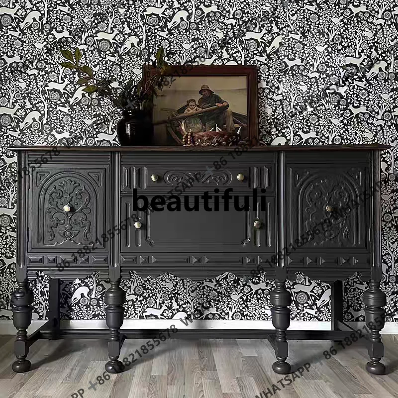 

French solid wood carving flower retro dining side cabinet art storage entrance cabinet living room display