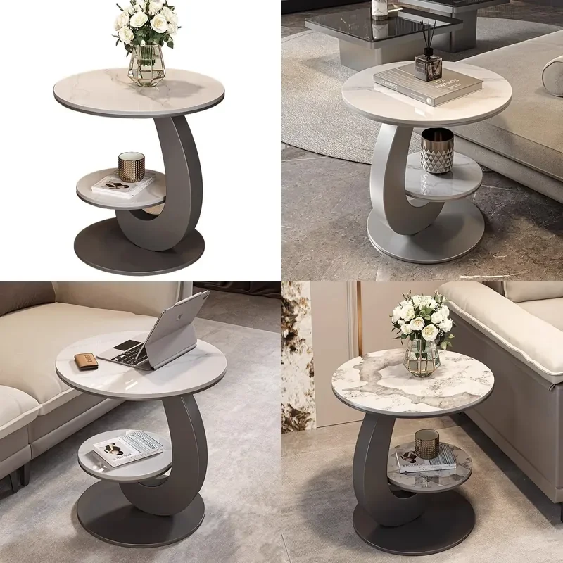 Daioq Modern Double Layer Marble Coffee Table Round Side End Table For Living Room Bedroom Balcony Corner Small Nightstand