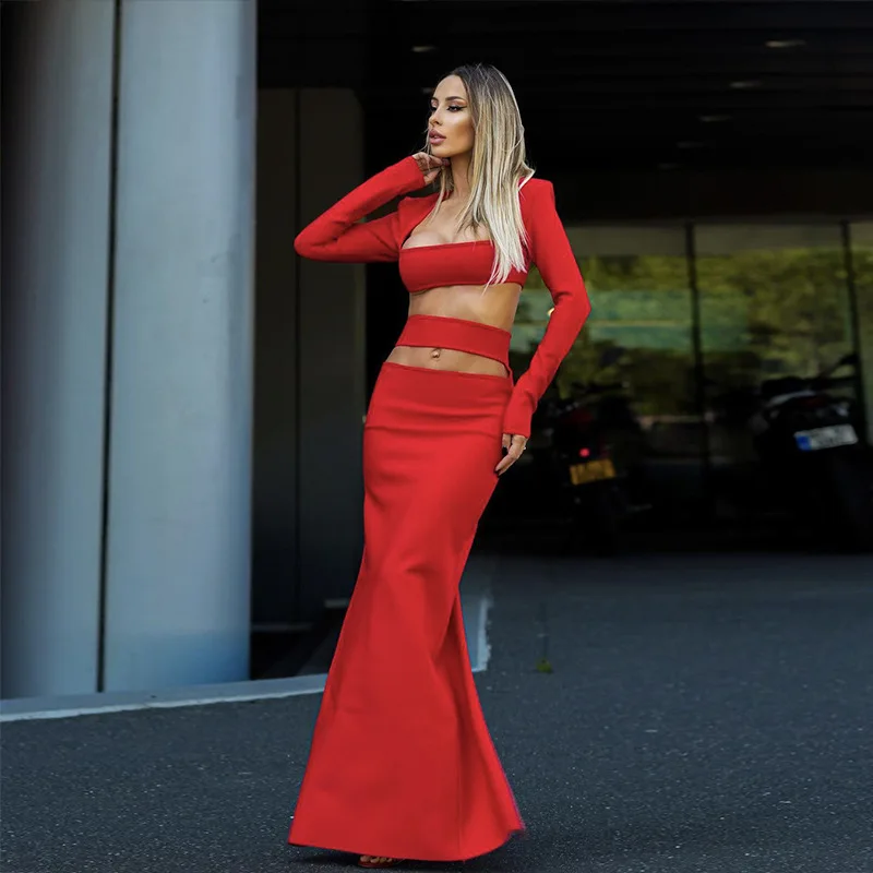 وصل حديثًا لعام 2025 للنساء2 مجموعة عصرية مثيرة ومثيرة على السرة بقصة منخفضة وقصيرة للغاية وأكمام طويلة + تنورة مجوفة بنصف طول