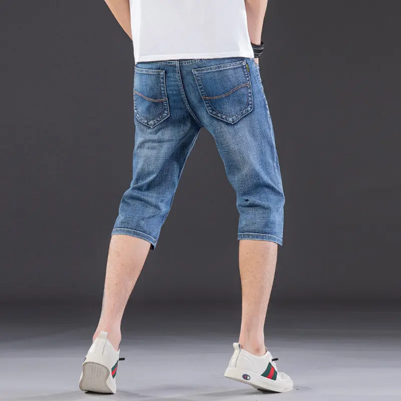 Vintage Straight Capri Pants Summer Youthful Vitality Men's Clothing Fashion Zipper Button Basic Casual Pockets Spliced Jeans