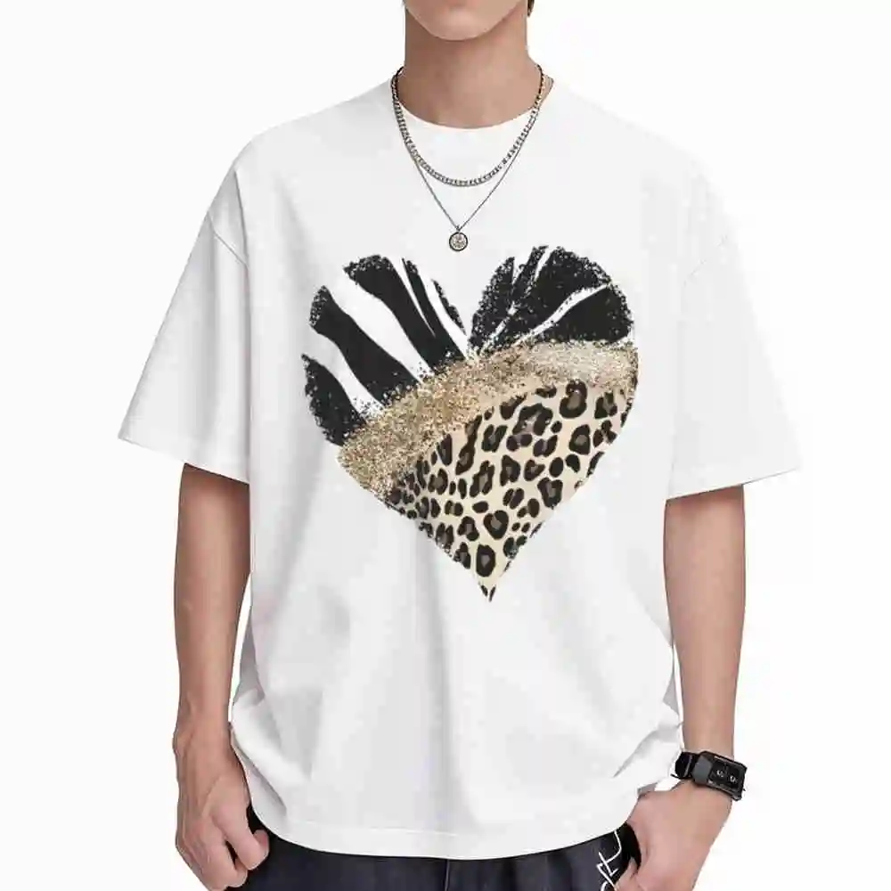 Leopard Print Heart Striped Short Sleeve Tee 100% Cotton T-Shirt