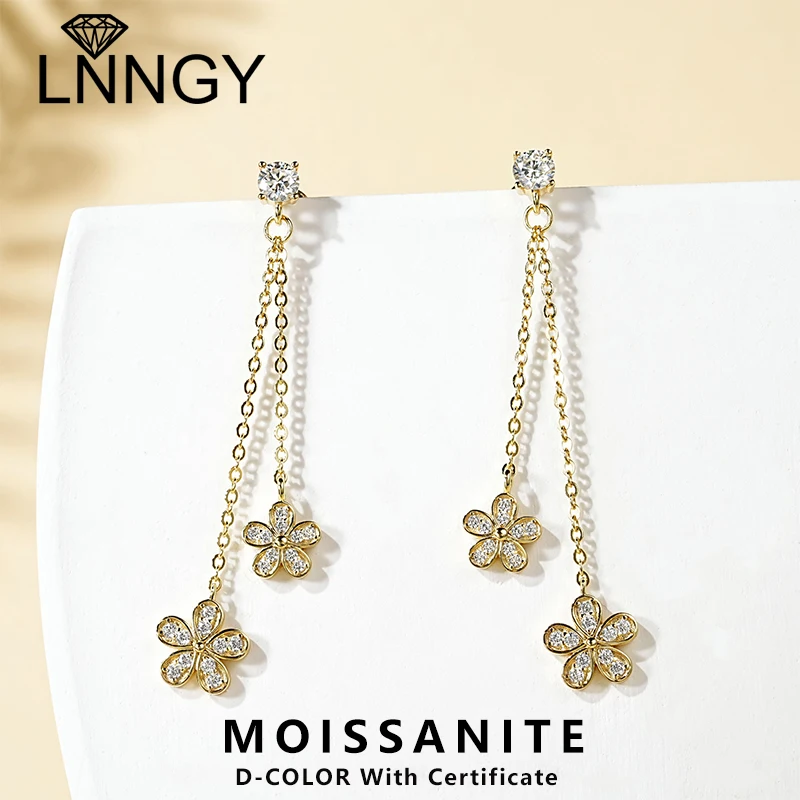 

Lnngy Certified D0.30CT Moissanite Flower Earring Genuine 925 Sterling Silver Tassel Earring For Women Chain Jewelry