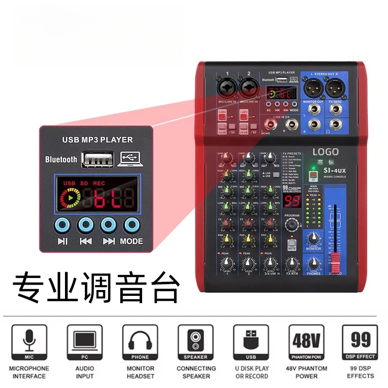 4-Channel USB Mixer, DSP Sound Card, Live Streaming Audio Interface, Small Mixer for Performance, Monitoring, Effects Processor