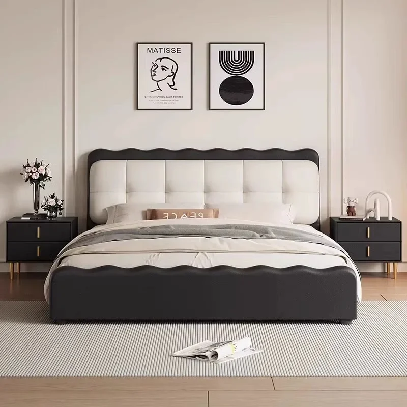 Color leather bed Italian modern simple ripple bed retro style