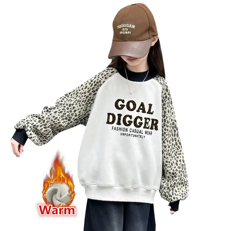 

Kids New Winter Clothes For Girls Leopard Print Sweatshirt Tee Top Child Leopard Long Sleeve Warm Thermal T-shirt Outerwear 5-14