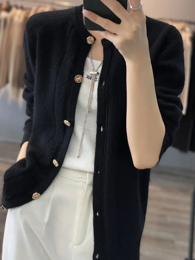 Addonee Women Sweater Autumn Winter O-neck Cardigan 100% Merino Wool Soft Knitted Coat Grace Clothing Chic