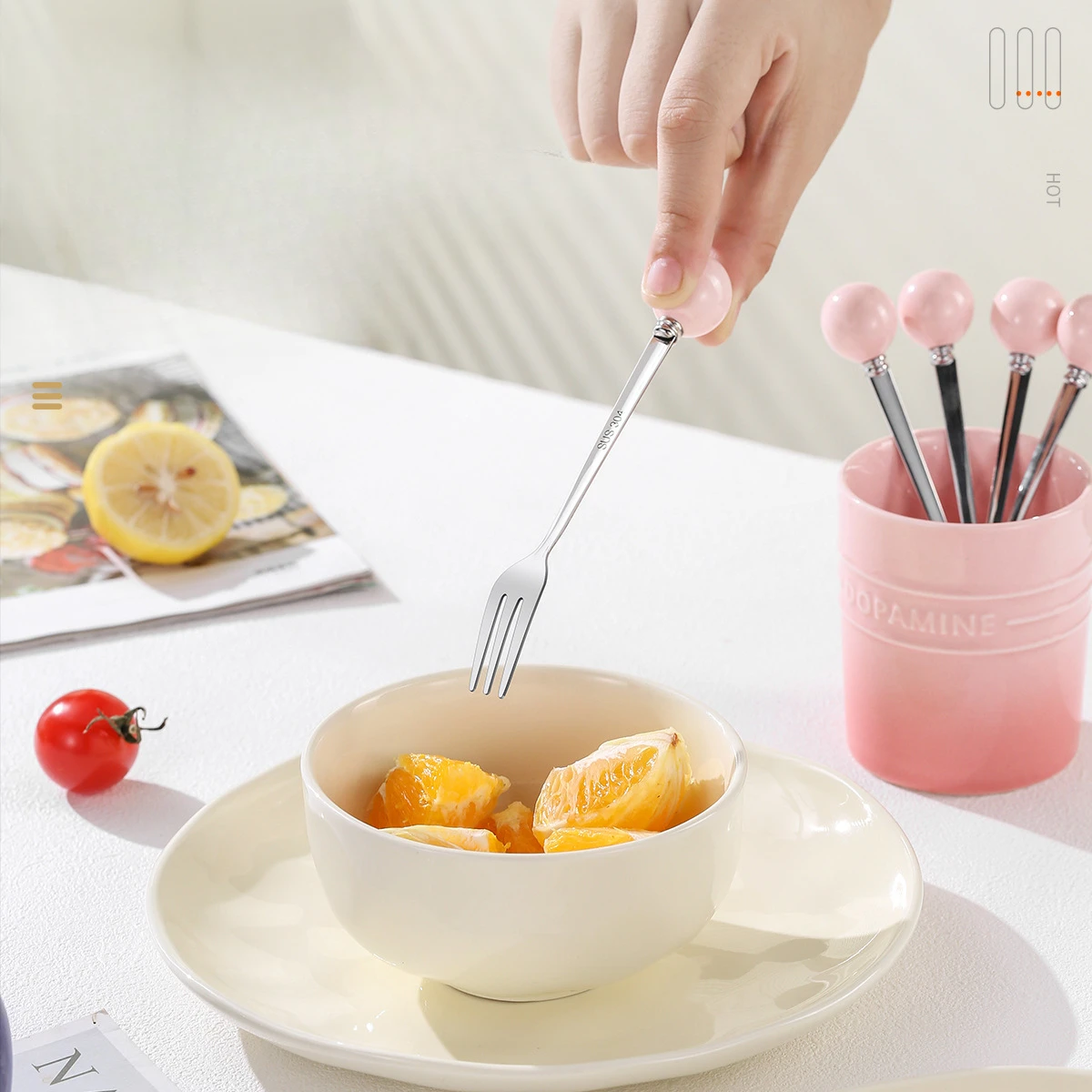 304 Stainless Steel Fruit Fork Set Mug Ceramic Handle Spoon Dessert Home Storage Can Dopamine Fruit Stick Food Picks for Kids