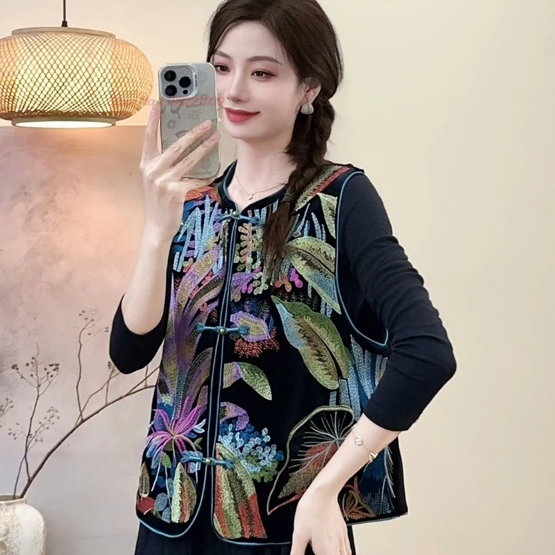 2025 الصينية التقليدية hanfu القمم خمر المخملية الشعبية سترة الوطنية زهرة التطريز جاكيت بلا إكمام العرقية س الرقبة سترة