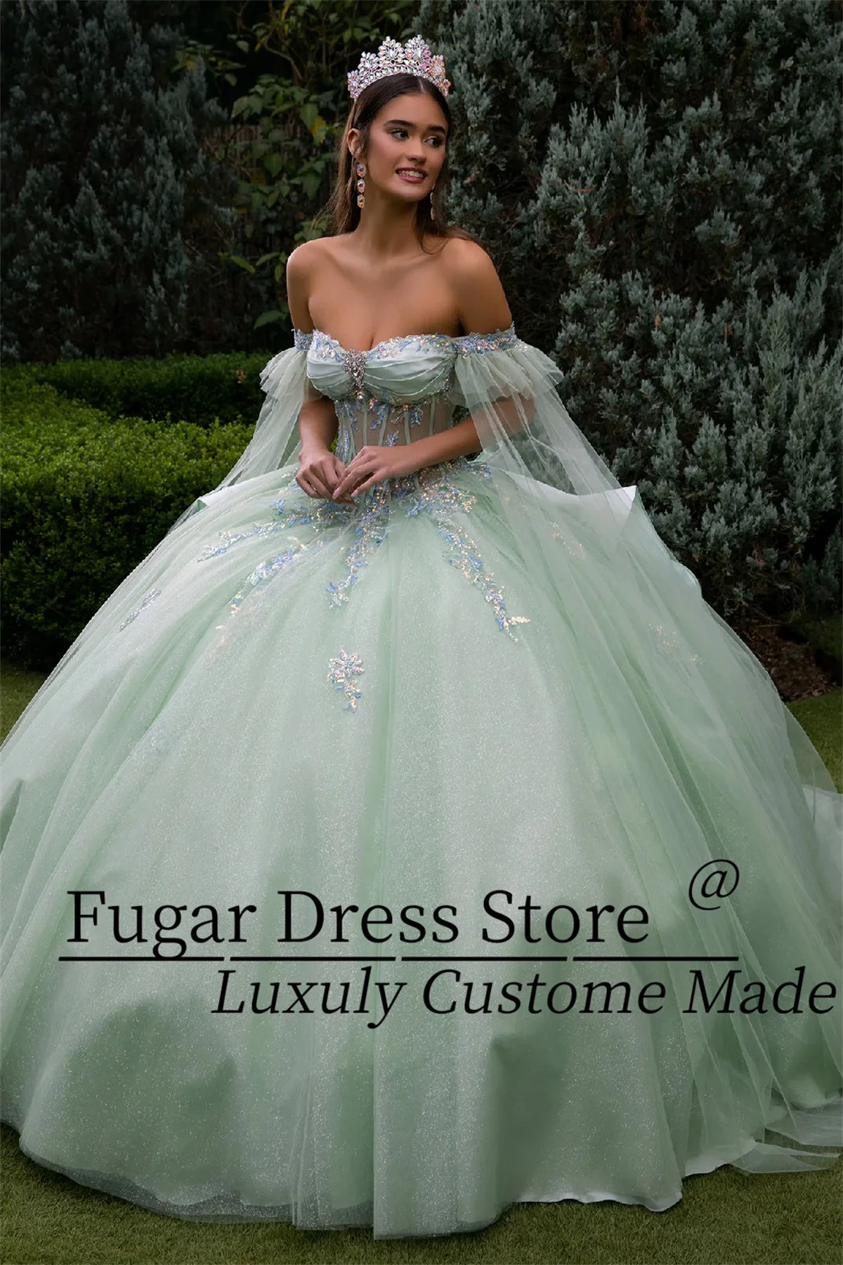 

Sage Green Quinceanera платья элегантное вышитое аппликация длинное платье с открытыми плечами и рукавами-накидкой платье с рукавами-накидкой Vestidos Para Niñ