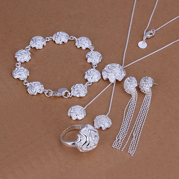 Bijoux de mariage Noble élégant Roses fleur bague colliers Bracelets perle chaîne boucles d'oreilles couleur argent ensembles de bijoux