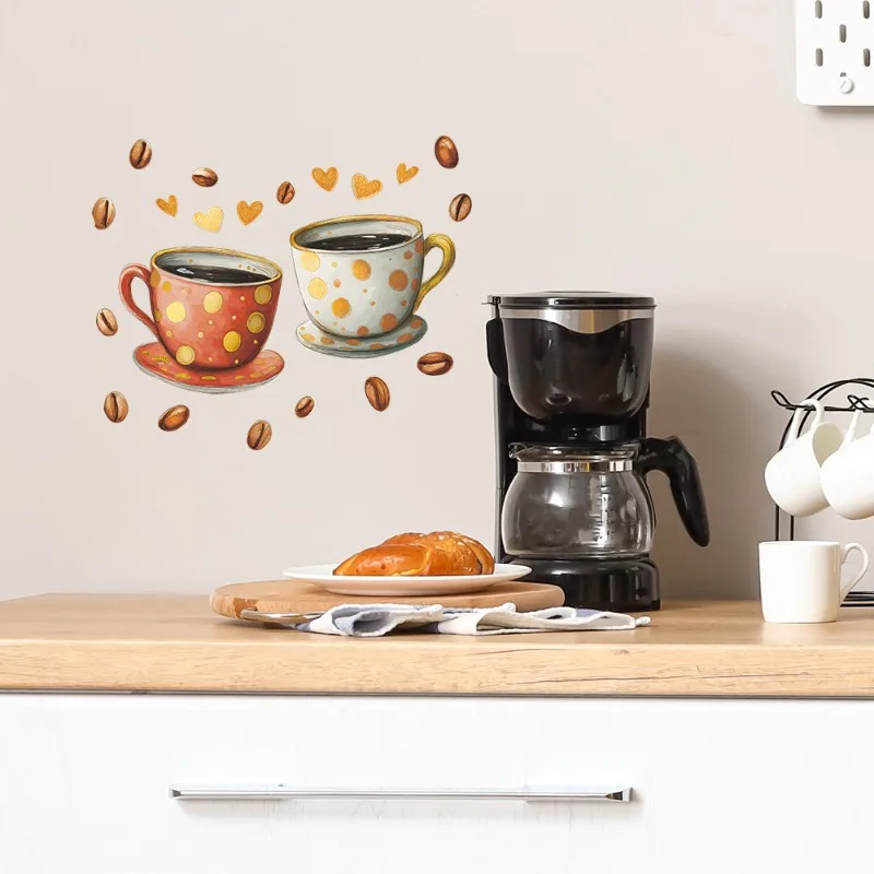 Self-Adhesive Coffee Theme Wall Sticker New Cup Bean Heart Decal for Kitchen Restaurant Home