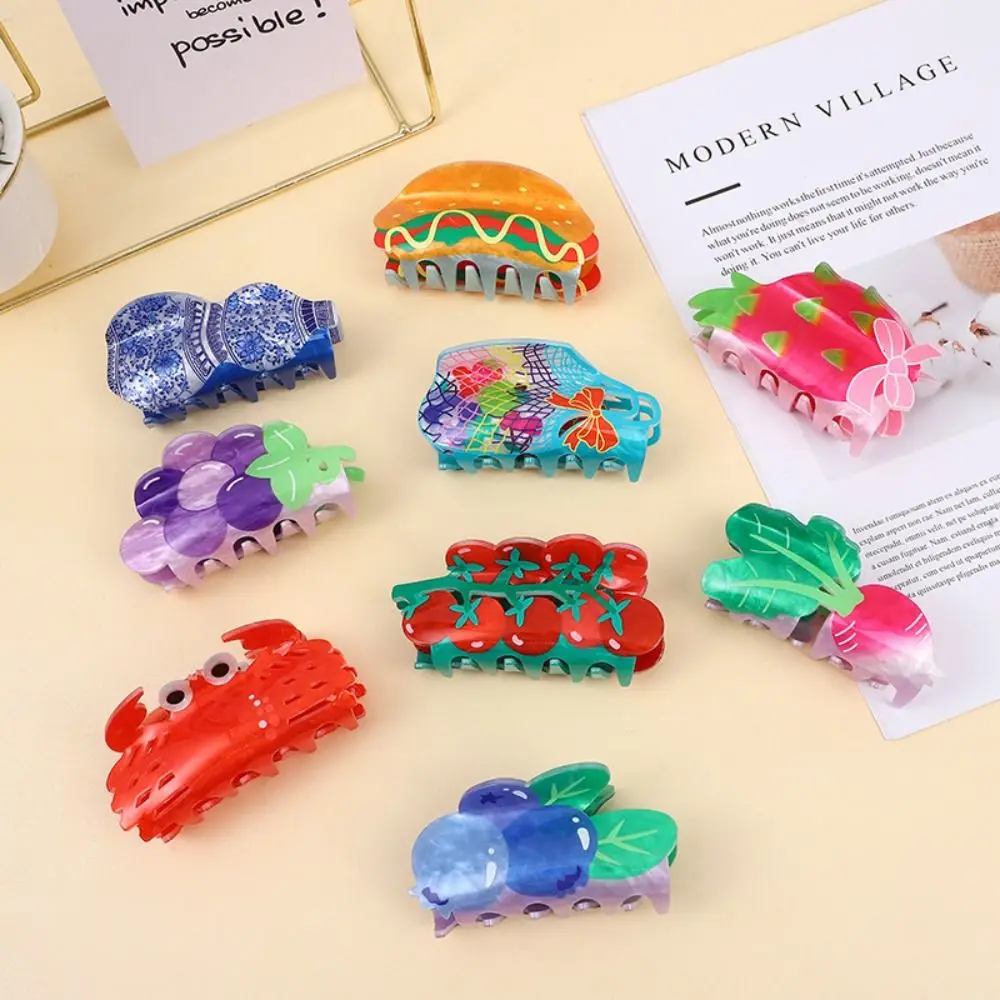 Sweet Acrylic Flower Hair Claw Tomato Hamburg Fruit Hair Clip Headwear Grape Simulated Food Shark Clip Travel