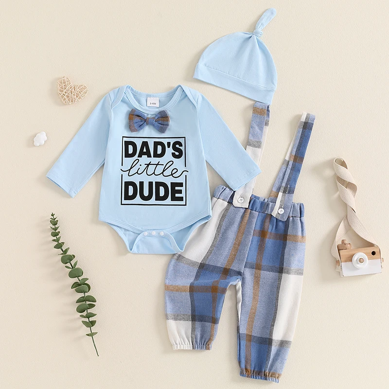 

2024-06-04 Lioraitiin Baby Boy Outfit, Letter Print Long Sleeve Romper Plaid Suspender Pants Hat 3 Piece Set for Fall