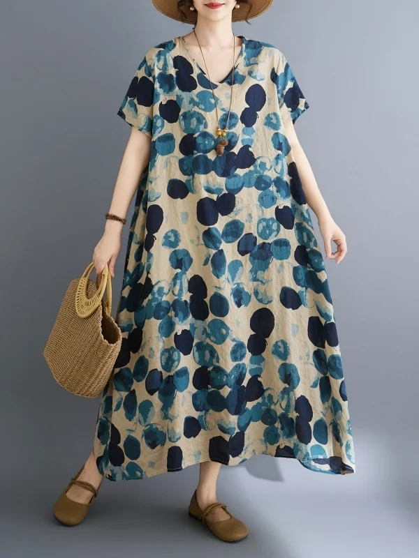 

Summer Polka Dot Vacation Style Travel V Neck Retro Concealment Asymmetrical Long Dress Cotton Linen Dress plus Size Polka Dot