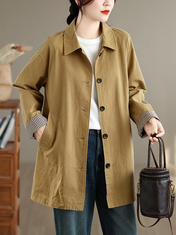 Korean Style Simple Commuter Elegance Windbreaker Jacket Women's Spring Autumn Medium Length Loose Large Size Casual Long Sle...