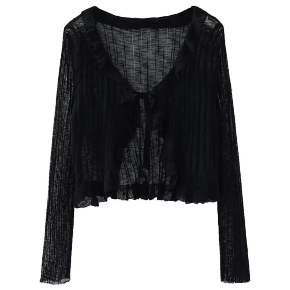 

Casual Ruffled Trim Tie Front Knitted Cardigan Thin V-Neck Sun-Proof Tops Long Sleeve Outwear Summer