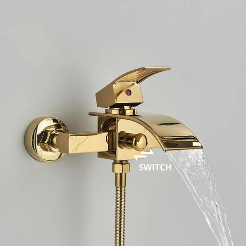 Imagen 2 del producto Grifo de bañera dorado y negro, grifo de ducha de cascada, mezclador de agua fría y caliente montado en la pared para baño, sistema de juego de ducha de baño cromado
