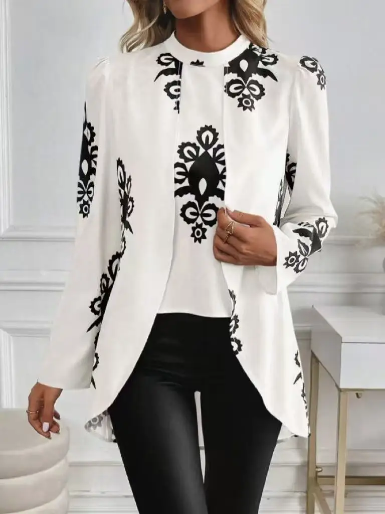 

Women's Elegant Half Turtleneck Long Sleeve Printed Fake Two-Piece Shirt