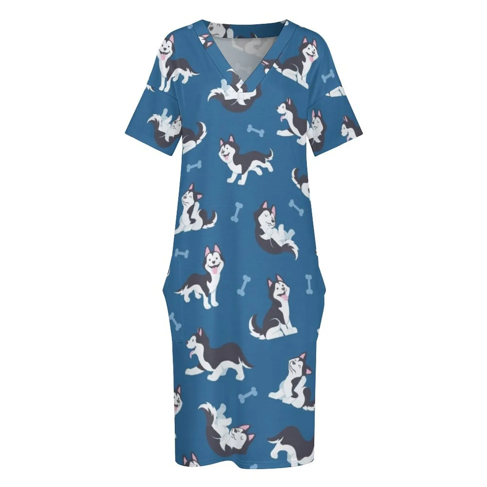 愛らしいシベリアン ハスキーかわいい子犬犬ブルー - パターン ルーズ ポケット ドレス女性のイブニング ドレス 2025 プロム ドレス 2025