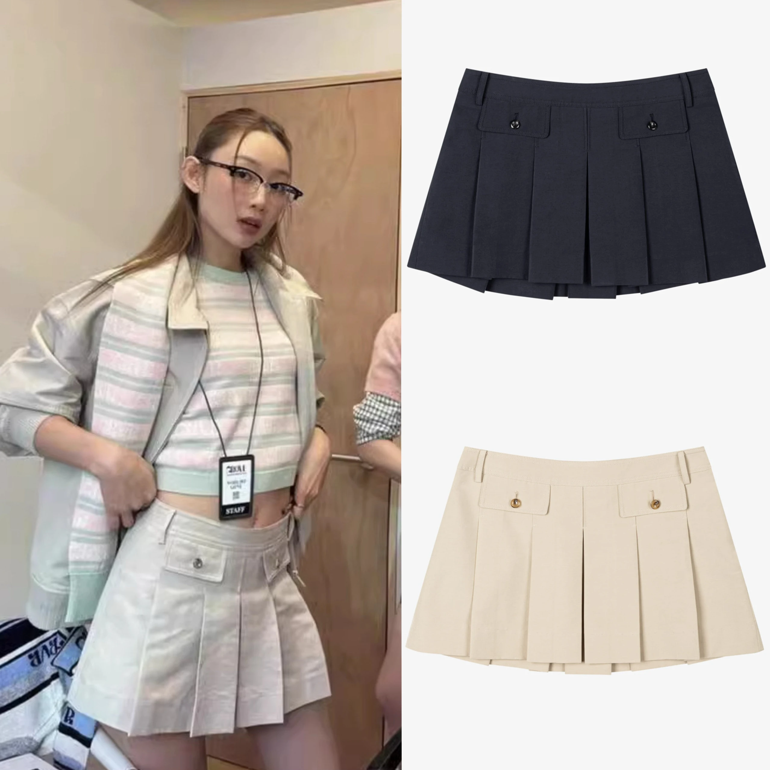 Falda acampanada de color puro de cintura baja Falda plisada coreana falda ort Falda universitaria Sle f-longitud Falda Mujer joven F...