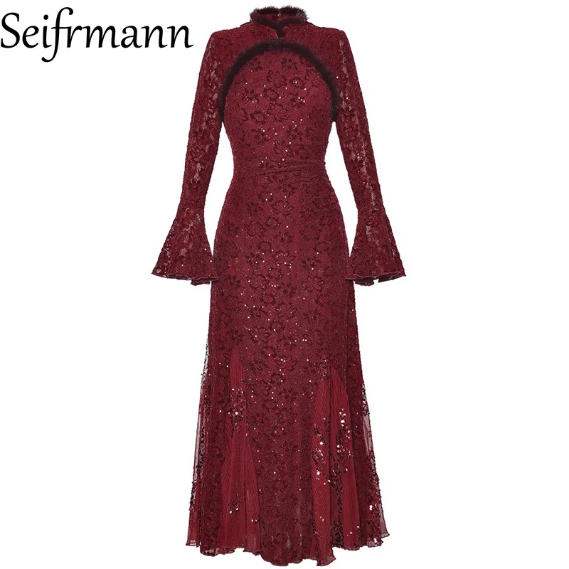 Seifrmann 2026 Spring Women's New Fashionable Stand up Collar Long Sleeve Sparkling Velvet Lace Waist Cinching Dress