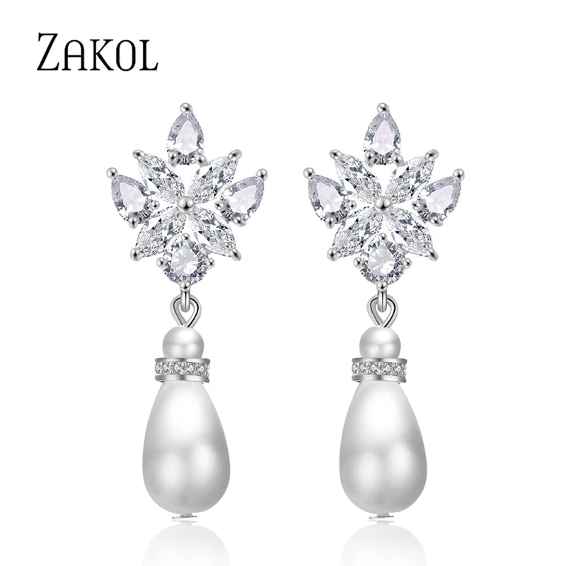 ZAKOL Trendy Marquise Cut Cubic Zirconia Dangle Earrings for Women Fashion Pearl Bridal Wedding Dress Jewelry FSEP2221