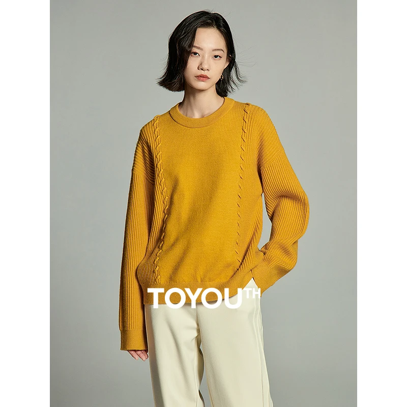 Toyouth Women Sweater 2023 Winter Long Sleeve Round Neck Loose Knitwear Ribbon Decoration Fashion Warm Yellow Apricot Tops