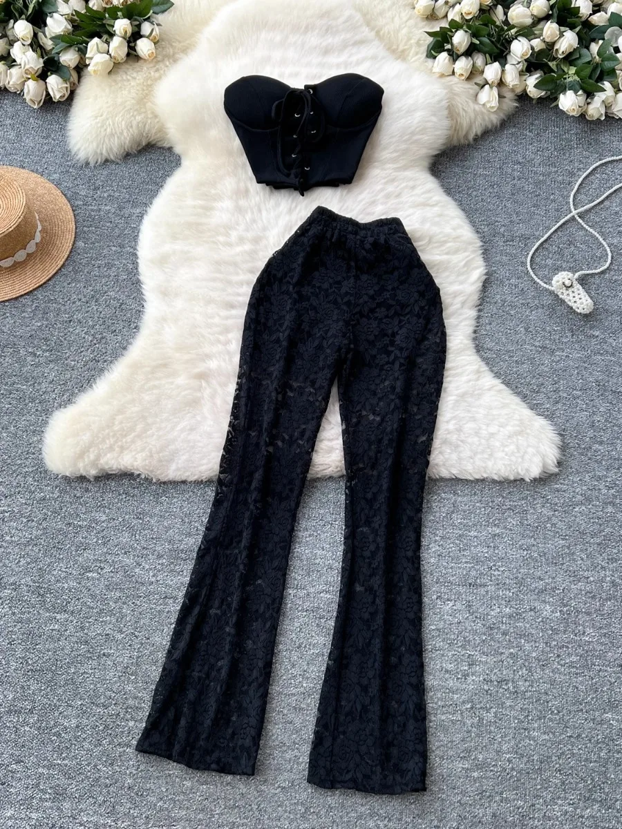 Foamlina American Ins Weibliche Sexy Träger Ärmellose Tube Top Enge Weste Camis + Hohe Taille Hüfte Wrap Spitze Hosen Hosen