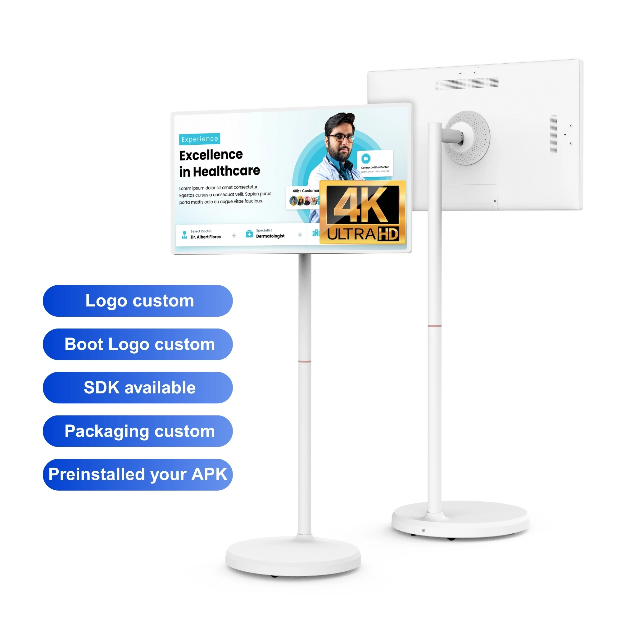 

32-дюймовый 4K FHD ЖК-дисплей с беспроводным сенсорным экраном Android 13 8 + 128 ГБ портативный вращающийся цифровой дисплей для больниц